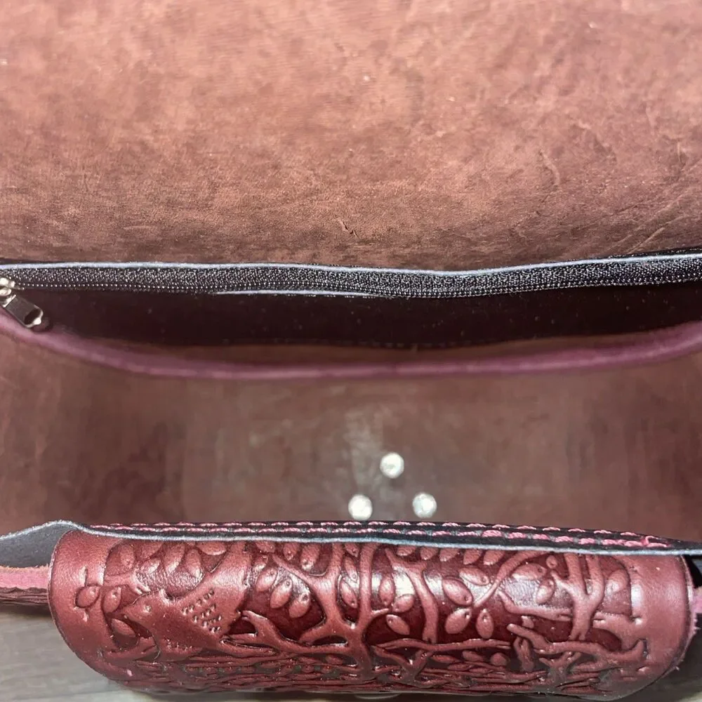 Handmade Tooled Leather Crossbody Bag Brown Embossed Saddle Bag Western Boho